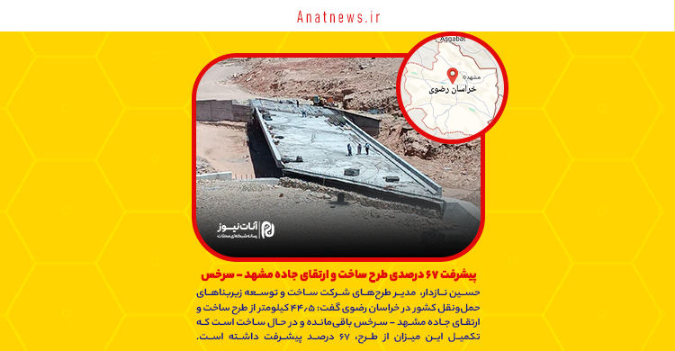 پیشرفت ۶۷ درصدی طرح ساخت و ارتقای جاده مشهد – سرخس